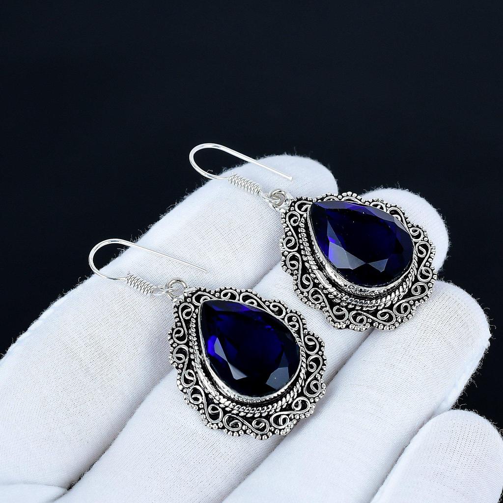 Blue Sapphire Gemstone Earrings, 925 Sterling Silver Earrings, Silver Earrings For Gift, Blue Sapphire Dangle Drop Earrings For Christmas Gifts