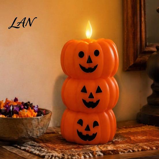 Realistic Flame LED Candle Halloween 3 Tier Stacked Pumpkin Light, Flickering Flameless Lanterns Candle, Battery Operated Fake Pillar for Home