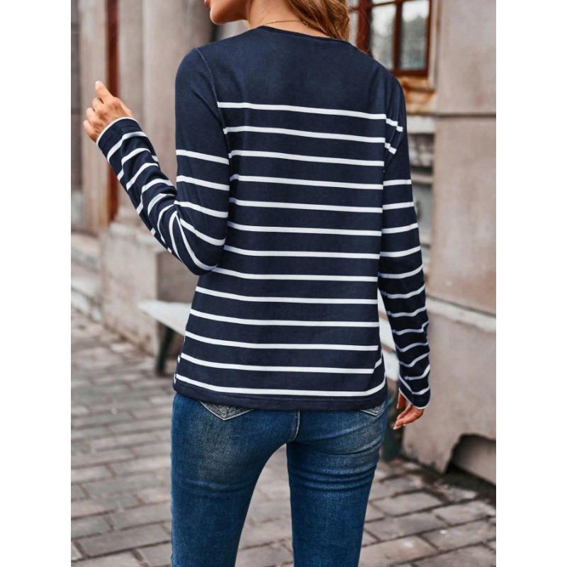 Women's Spring and Autumn New Fashion Versatile Striped Contrast Button Casual Long-sleeved T-shirt