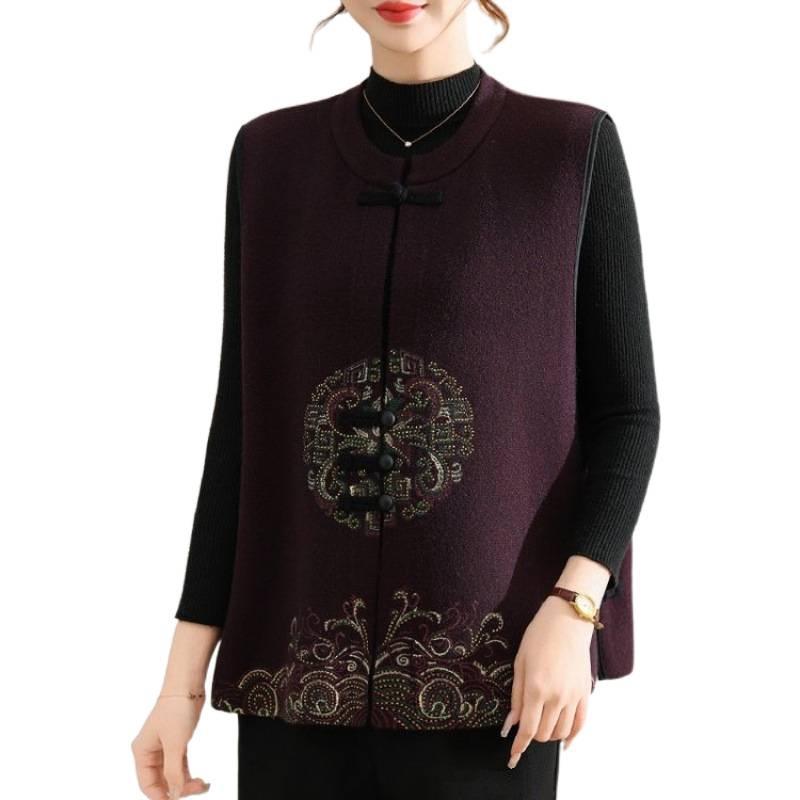Stylish Women's Stand Collar Knit Vest with Frog Button & Embroidery - Warm Waistcoat for Middle-Aged & Elderly Mothers in New Chinese National Style.