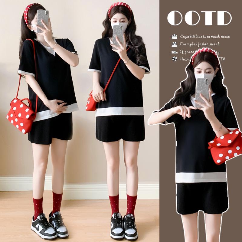 Summer Maternity Set 2026: Casual V-neck Patchwork Top + Shorts XL