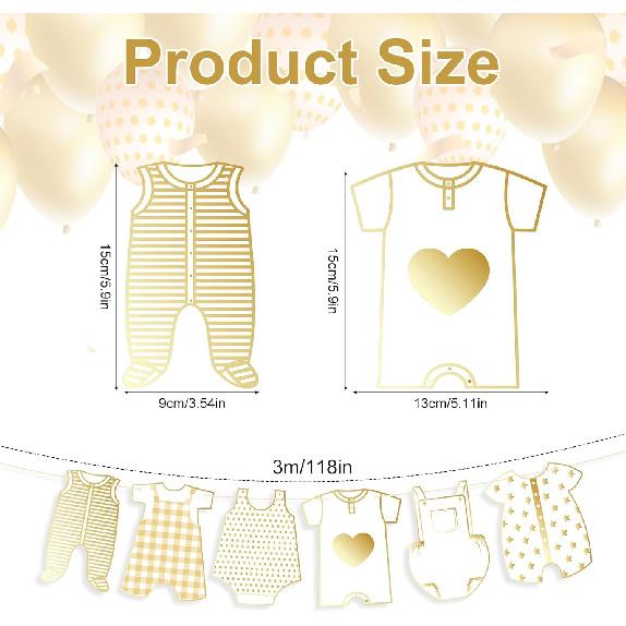 2pcs Neutral Gold Baby Shower Paper Garland, Pre-Assembled Baby Boy Banner Baby Girl Sign Gender Reveal Decorations Various Baby Clothes Banner for