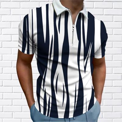 Chemise Polo décontractée pour hommes, fermeture éclair, manches courtes, mode décontractée, fermeture éclair, été, printemps, coupe régulière, chemise imprimée à rayures d'eau 3D