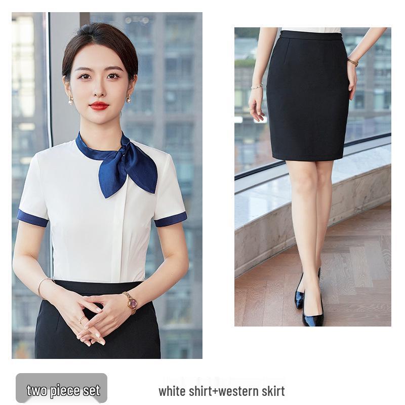 Women's Bow Tie Chiffon Blouse - Short Sleeve, Korean Fashion, Stretch, Professional Workwear, White Shirt