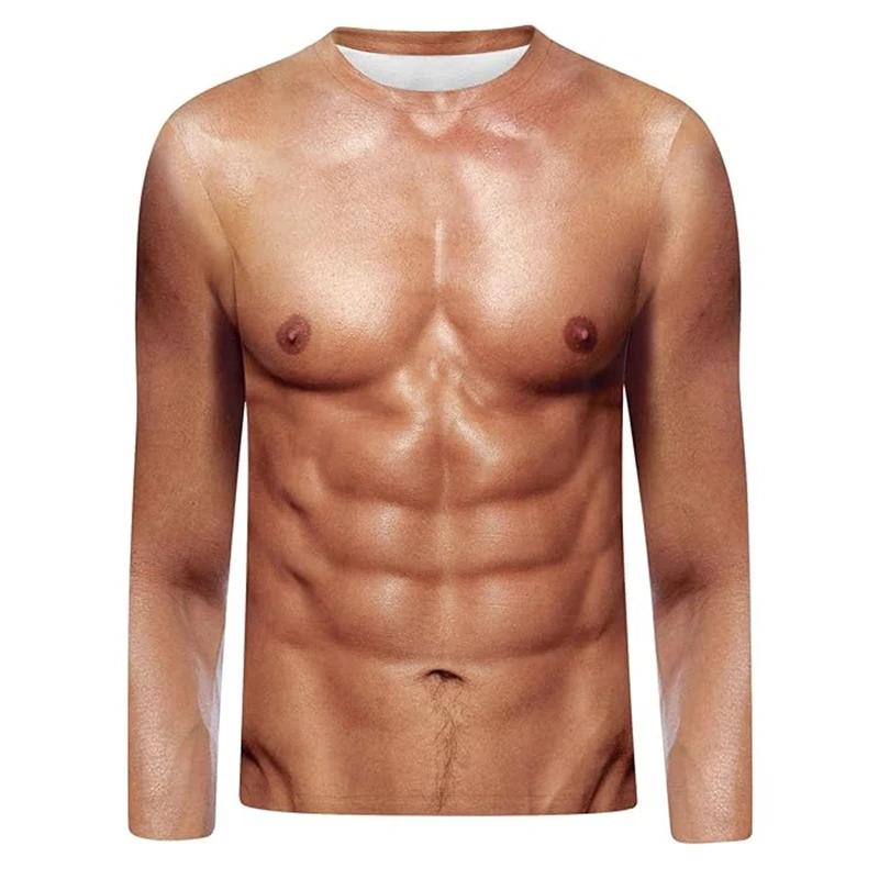Funny Mens Muscle Graphic Long T-Shirt 3D Printing Fashion Round Neck Sport T Shirt Tops Casual Long -Sleeved Tee Mens Clothing