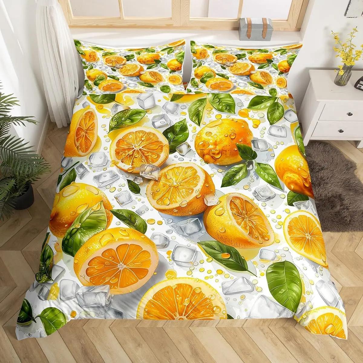Лимонный пододеяльник размера Queen King для девочек-подростков 3 шт. Летний прохладный стиль Фрукты Лимонный принт Комплект постельного белья, Пододеяльник с листьями EU Single(135x200cm)