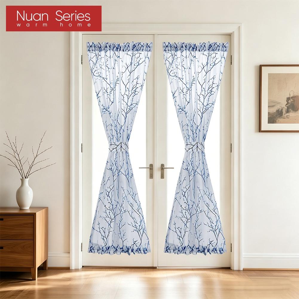 1PC Nuan Series Botanical Pattern Translucent Door Curtain, Simple Rod Pocket Sheer Door Curtain for Kitchen Bedroom Living Room Home Decor