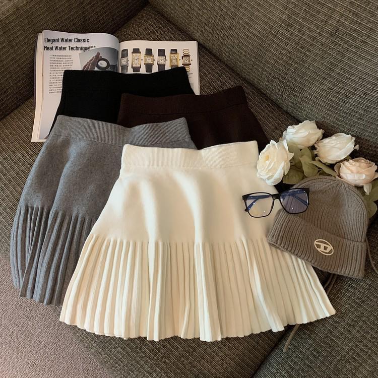 Grey High-Waisted Pleated A-Line Skirt for Women - Autumn White Short Style
