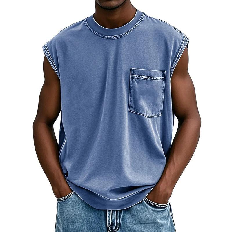 Men's Sleeveless T-Shirt with Chest Pocket, Casual Workout Tank Top, Breathable Muscle Fit