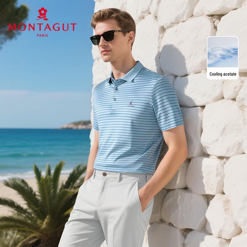 MONTAGUT Men's Summer Breathable Stripe Jacquard Acetate Polo Shirt