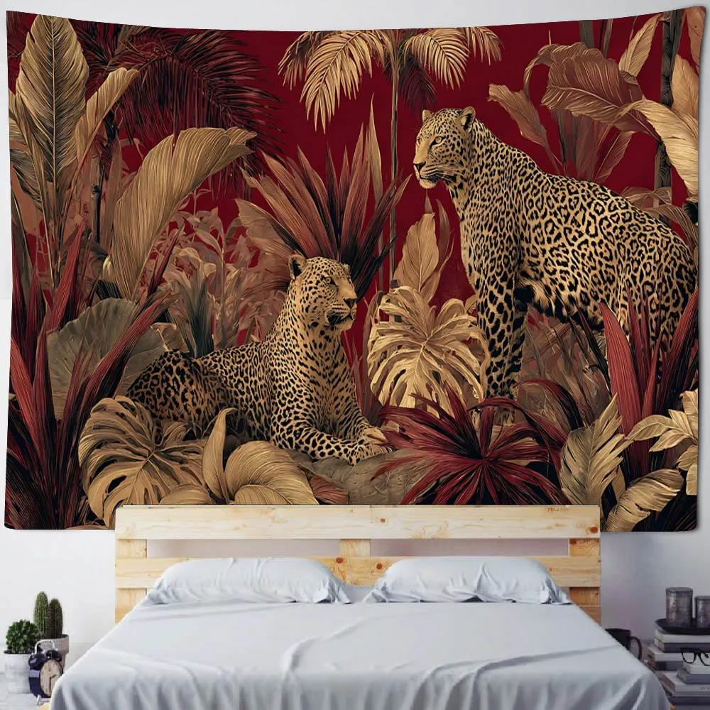 European Cheetah Art Tapesty Flower Tropical Plant Fabric Wall Hanging Home Dormitory Bedside Decorative Tapestry