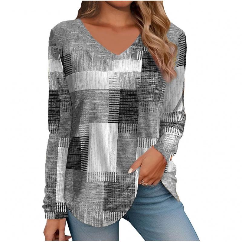 Women's V-neck Long Sleeve T-shirt with Print V-neck Top