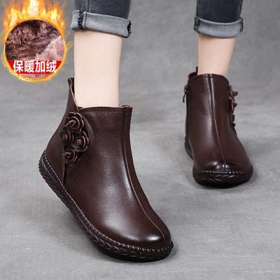 Winter Leather Cotton Shoes Women's Flat Bottom with Fleece To Keep Warm Mother Shoes Comfortable Non-slip Cotton Boots In the Elderly Short Boots Wo