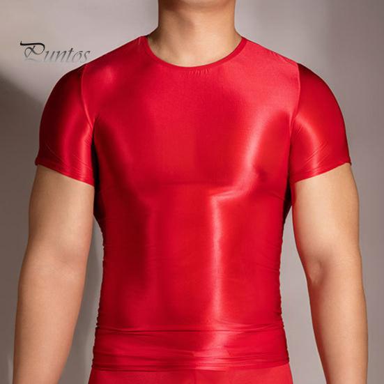 Men T-shirt Thin High Elasticity Round Neck Short Sleeves Slim Fit Good Breathability See-through Glossy Surface Top