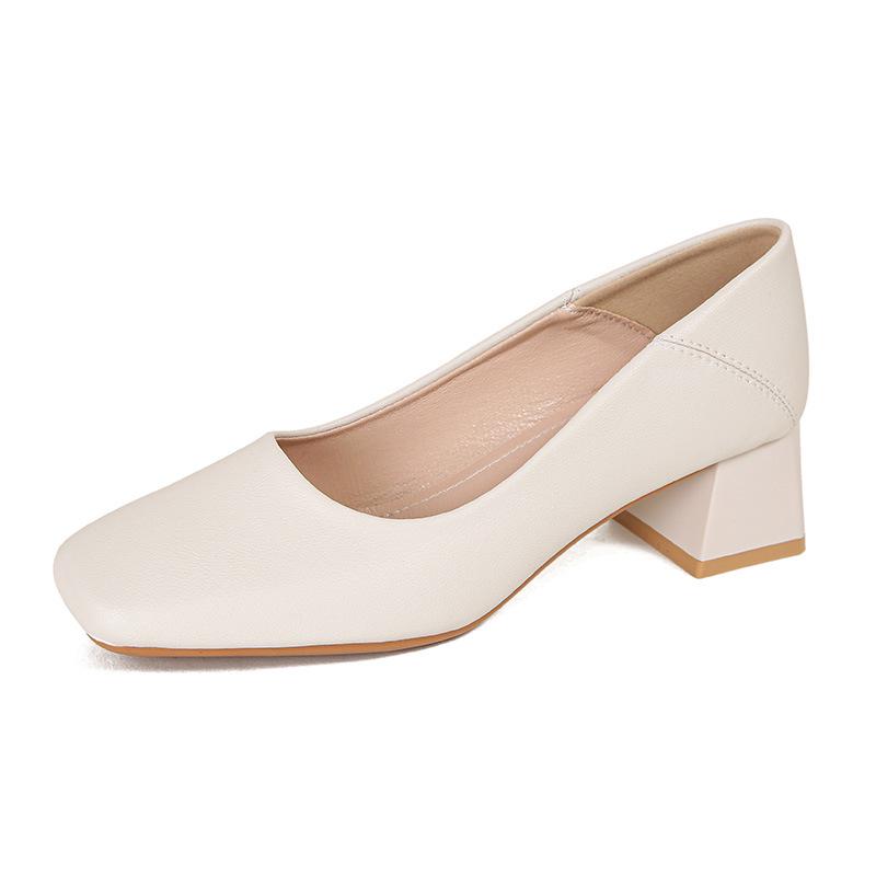 2023 Retro Soft Leather Square Toe Medium High Heel Women's Shoes