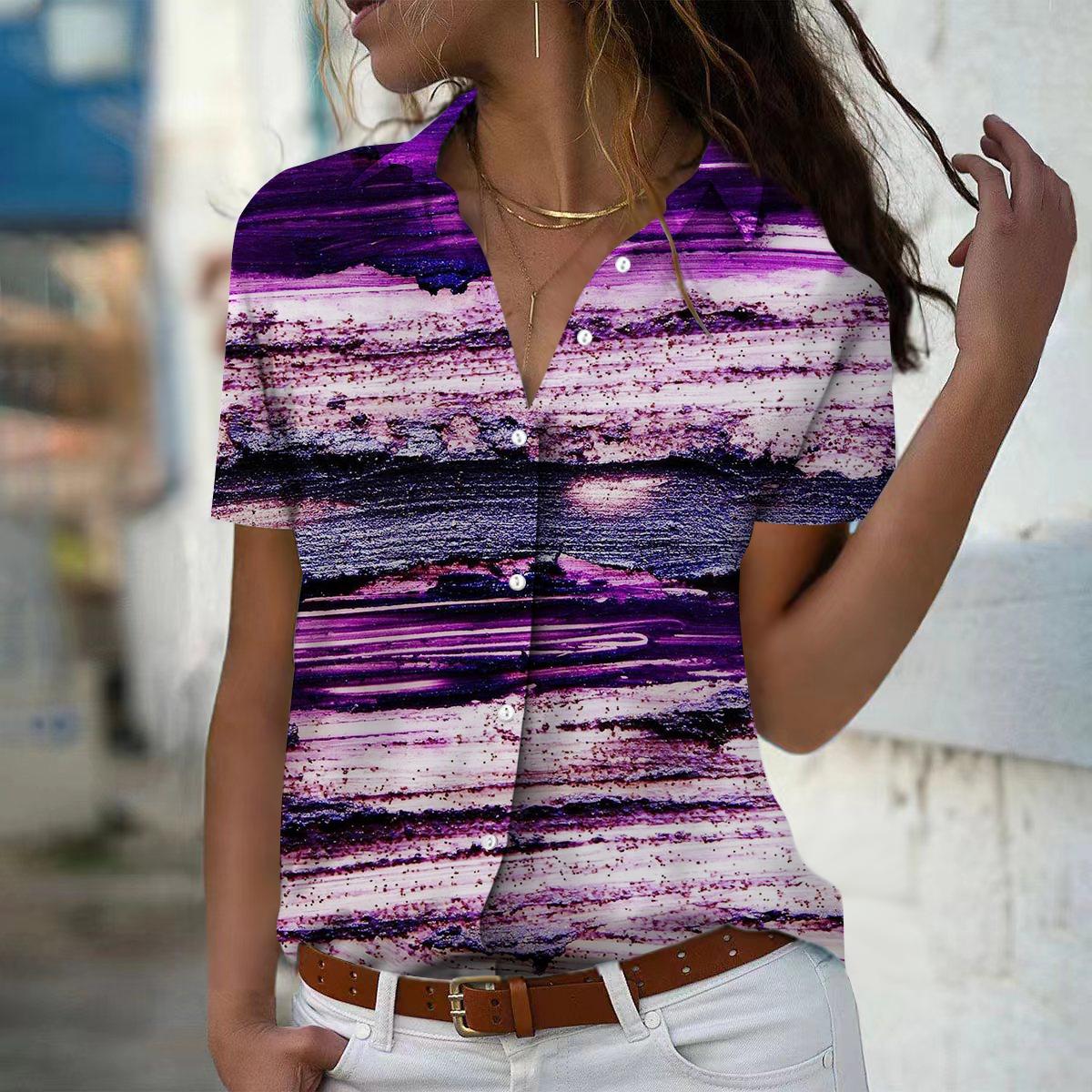 

Лето 2025 Новая Мода Женская Рубашка Топ с Коротким Рукавом V-образным Вырезом Повседневная на Пуговицах с Мраморным Принтом 8XL розовый