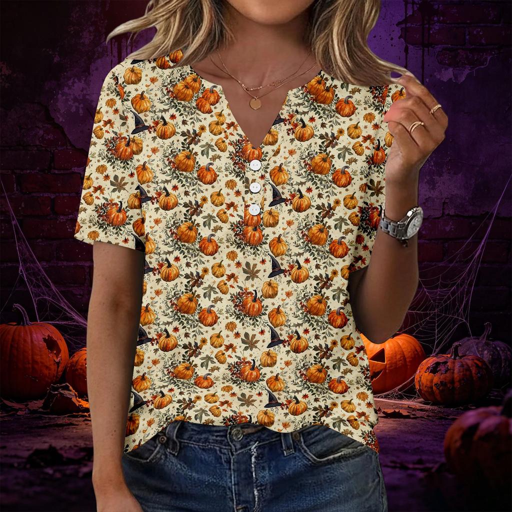 Women's Casual Halloween Print V Neck Short Sleeve Button Decor T Shirt Top Lightweight Comfortable Fit for Everyday Wear