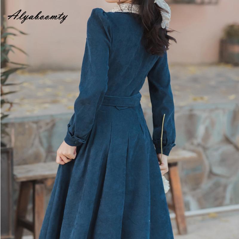 Mori Girl Autumn Winter Women Long Shirt Dress Blue Beading Vintage Buttons Dress Corduroy Elegant Feminine Dress With Belt
