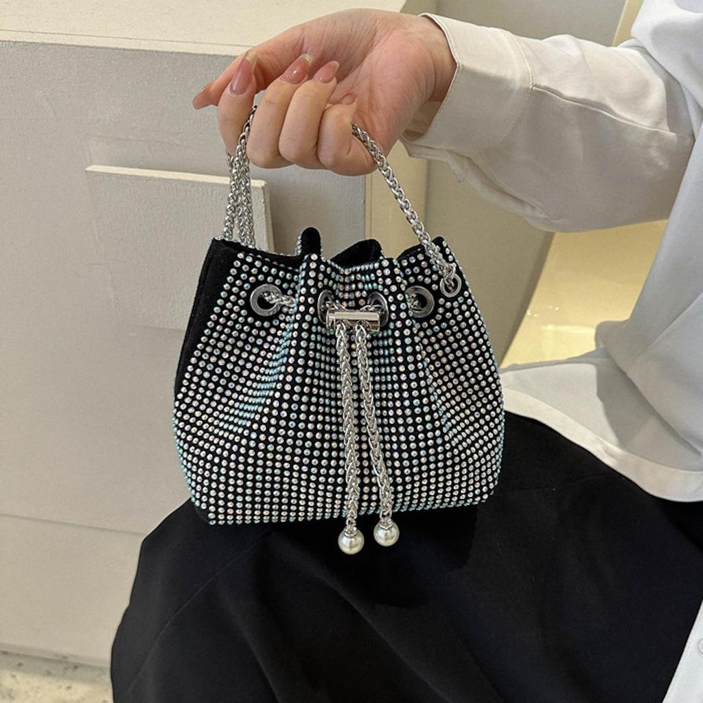 APOSITV Sparkly Shoulder Bag for Women with Silver Chain and Rhinestones for Party Wear