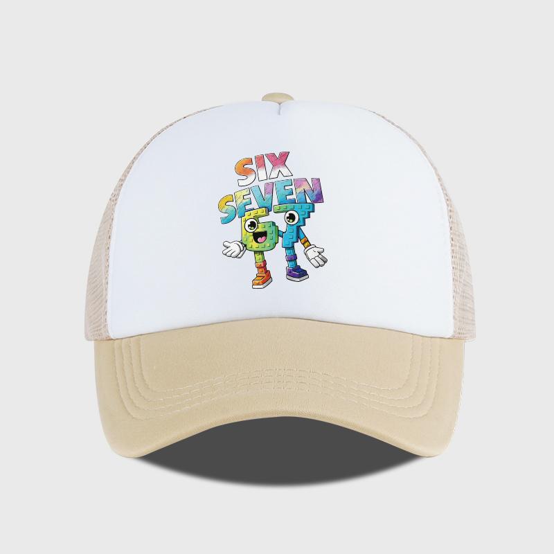 Zes Zeven Cartoon Cijferprint Spons Gaas Pet – Unisex Kleurrijk Bouwsteen Gaas Baseballpet – Verstelbaar, Ademend Zon H white