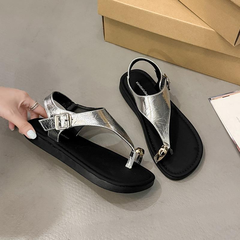 Flache Zehenplattform-Sandalen Sommerkleidung Französischer Badeurlaub mit Rock Damen Fischgrätenmuster Römische coole Pantoletten