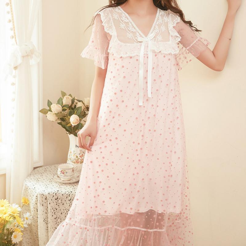Síťované pyžamo Dámské s výstřihem do V Korejský Vintage Krajkový Elegantní Princezna noční košile s krátkým rukávem Domácí oblečení Midi šaty