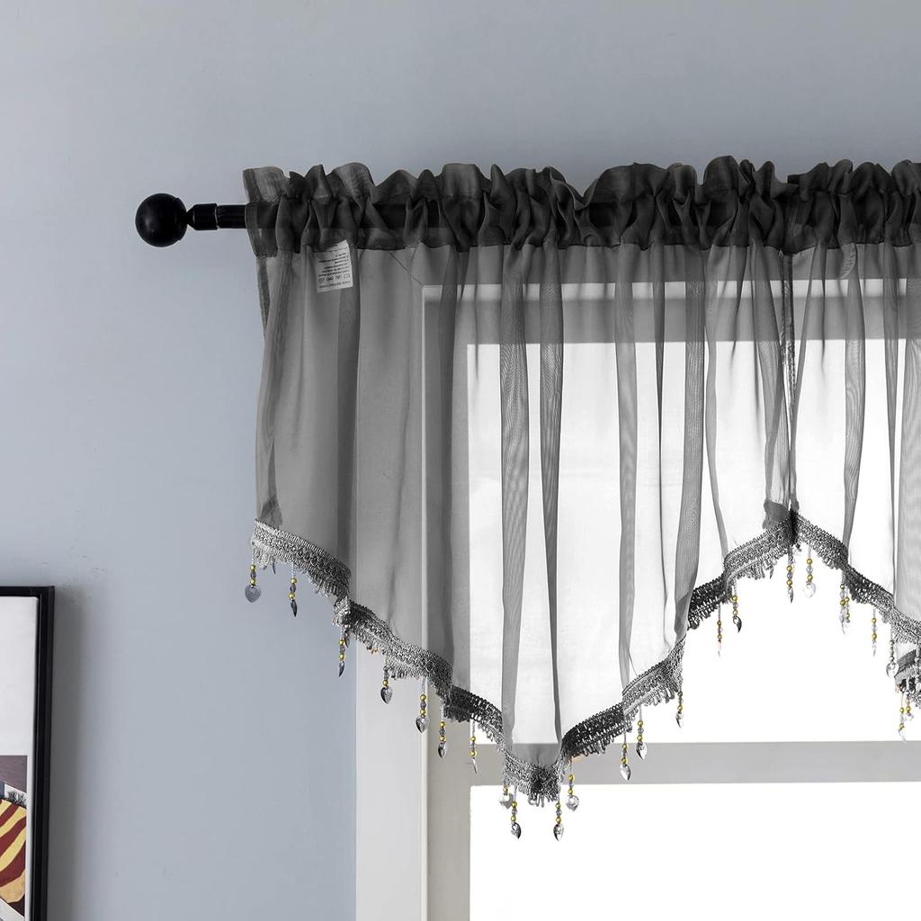 Beaded Triangle Sheer Valance Curta for Living Room,Rod Pocket Farmhouse Window Valance, Bead Trim Tassel Voile Sheer Curtain Valance for Bedroom