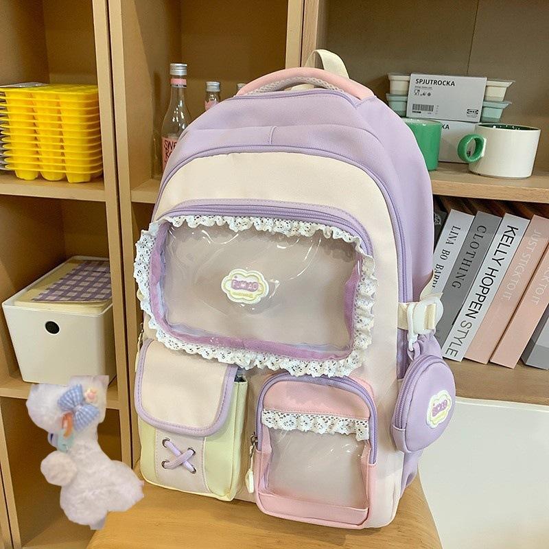 High value dopamine sweet contrasting color girl heart backpack college wind junior high school students multi-compartment backpack