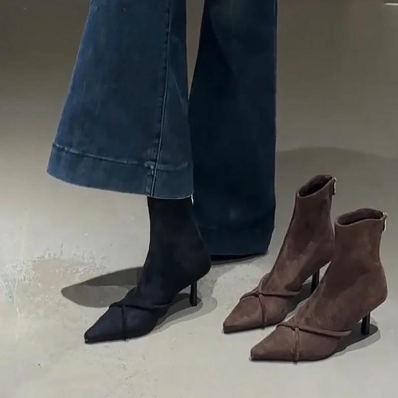 Stivaletti da Donna Vintage Moda Punta Sottile Tacco Alto Scarpe Festa Ballo Elastici Sottili Botas Para Mujer