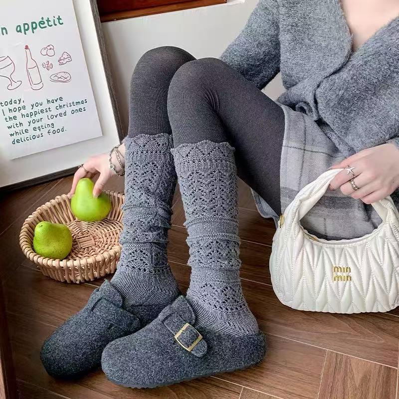 Grey Wool Ballet Style Calf Socks Over the Knee Openwork Retro Korean Scrunch for Women