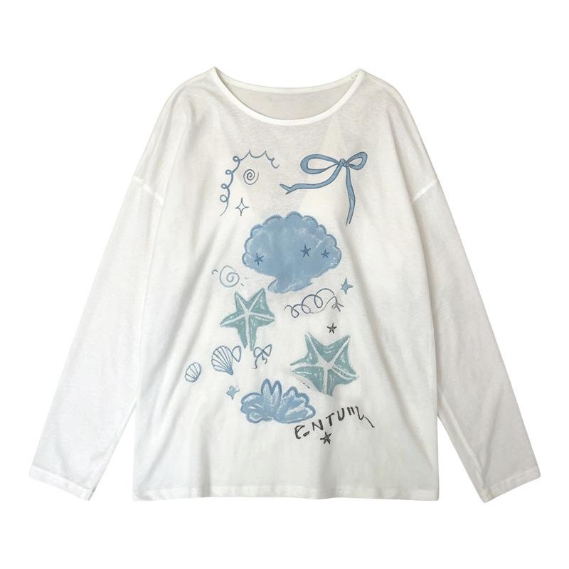 Sunscreen blouse long-sleeved T-shirt women's niche printing summer design sense personality cute loose versatile thin top