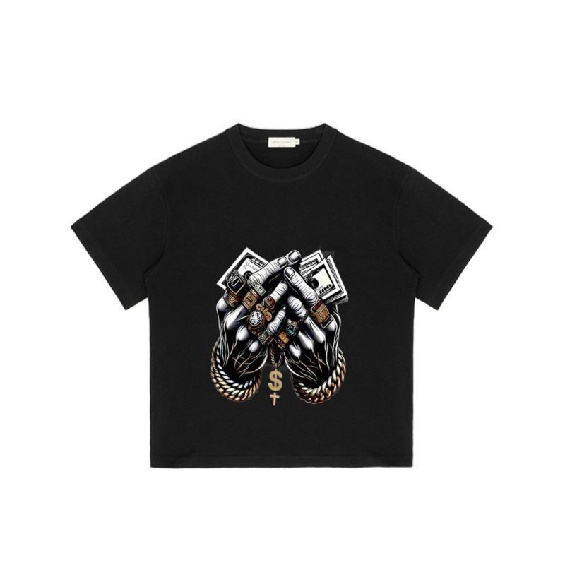 Black T-Shirt with Money and Chain Hands Print for Streetwear Fashion