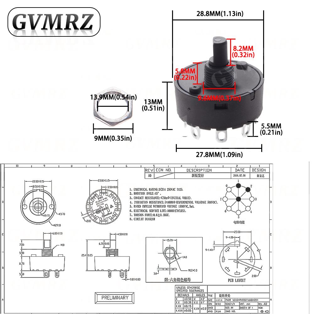Knob Switch 6A 2/3/5/6/7/8 Position Rotary Switch 3/4/6/7/8/9Pin Electric Oven Power Switch Heater Temperature Control Switch