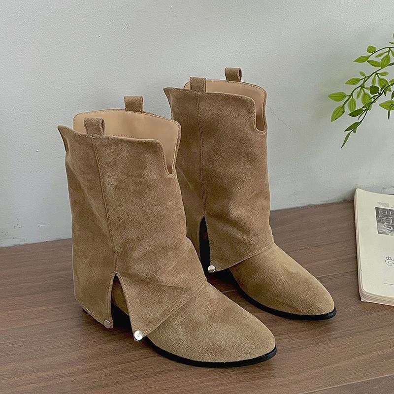 

Winter Design Thick Heels Women Western Cowboy Boots Pointed Toe Roman Ladies Slip On Short Booties Mujer 35