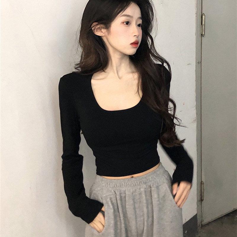 

Сплошной цвет с длинным рукавом и U-образным вырезом для женщин, укороченный топ с обнаженной талией XXL чёрный