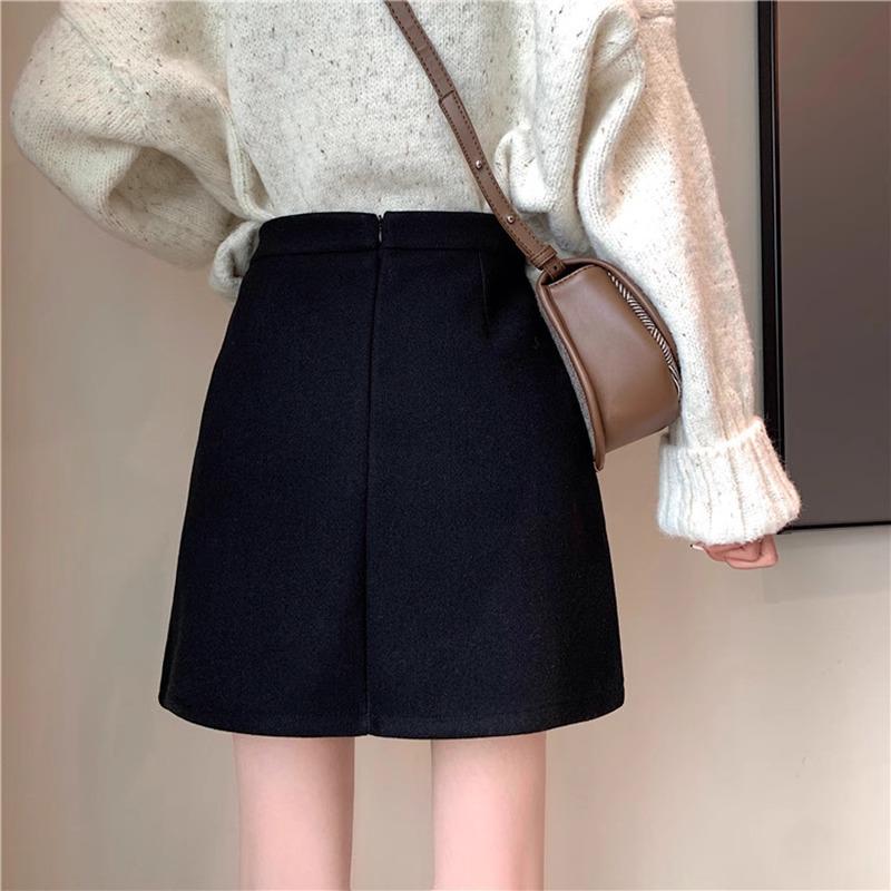 Women's High Waist Wool Blend A-Line Black Skirt - 2024 Petite Midi Bodycon, Anti-Exposure, Versatile for Autumn/Winter