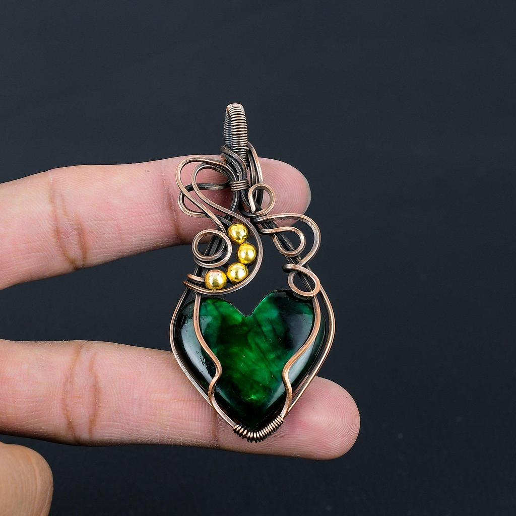 Green Flash Labradorite Gemstone Pure Copper Wire Wrapped Handmade Pendant Jewelry For Gift