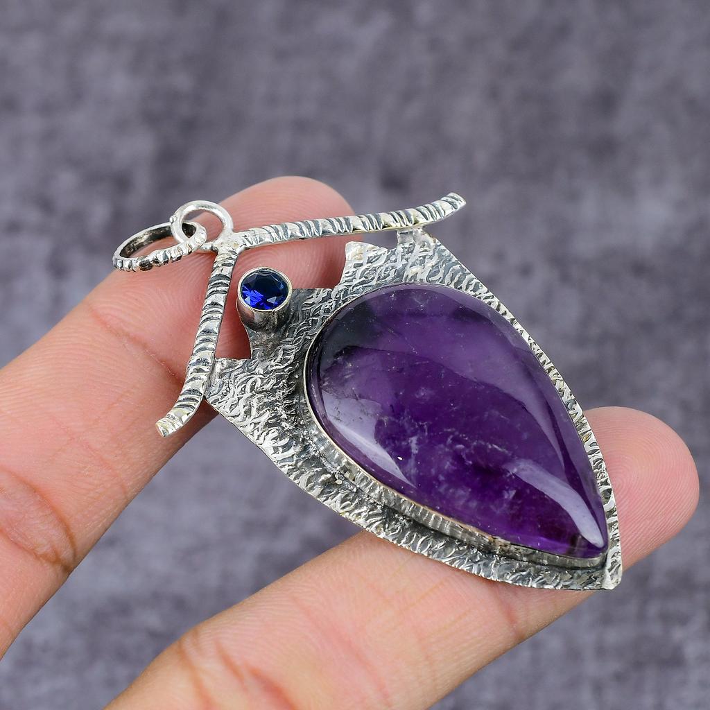 Natural Sage Amethyst, Topaz Handmade 925 Sterling Silver Pendant 2.17" L7K15