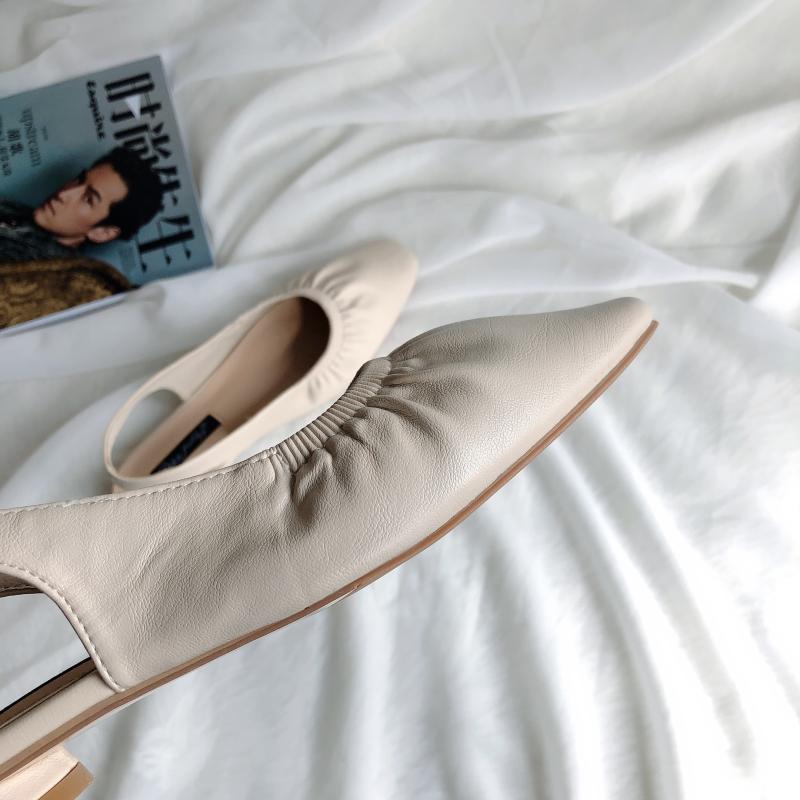 Fashion Designer Woman Pleated Slingback Sandals Solid Leather Round Low Heels Shoes Ladies Summer Rear Strap Flipflops Femmes Sandalias