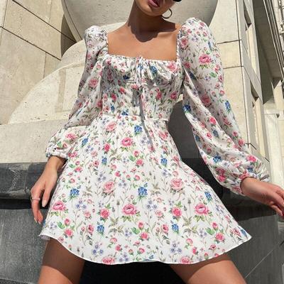 Laterne Langarm Rüschendruck A-Linien-Kleid Sexy schickes Sommer-Strandkleid Blumenkleid Frauen Square Neck Tie Up Minikleid 21876