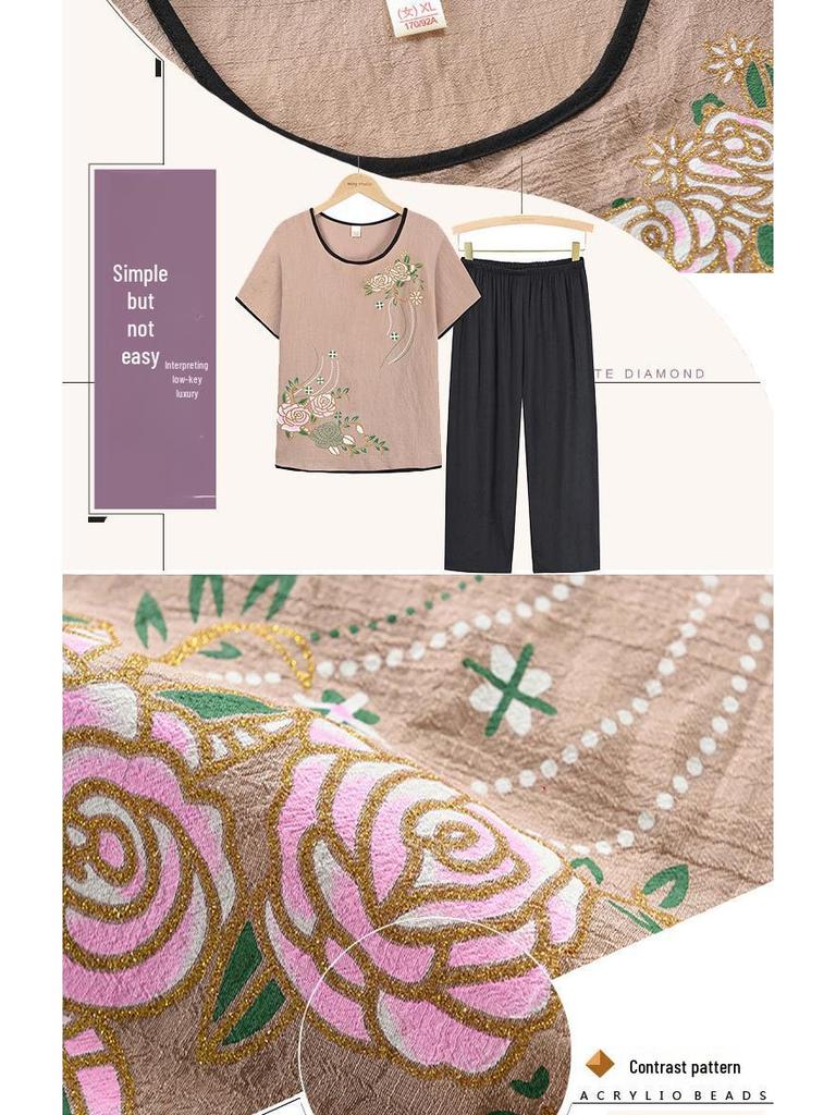 Sommer Baumwoll- & Leinenanzug für 60-70-jährige Frauen: Omas lockerer Pyjama-Satz mit kurzärmeligem T-Shirt