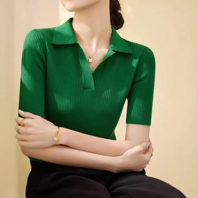 

Женский трикотажный свитер с V-образным вырезом и короткими рукавами на весну, рубашка поло со средним рукавом, базовая вещь и топ XL зелёный