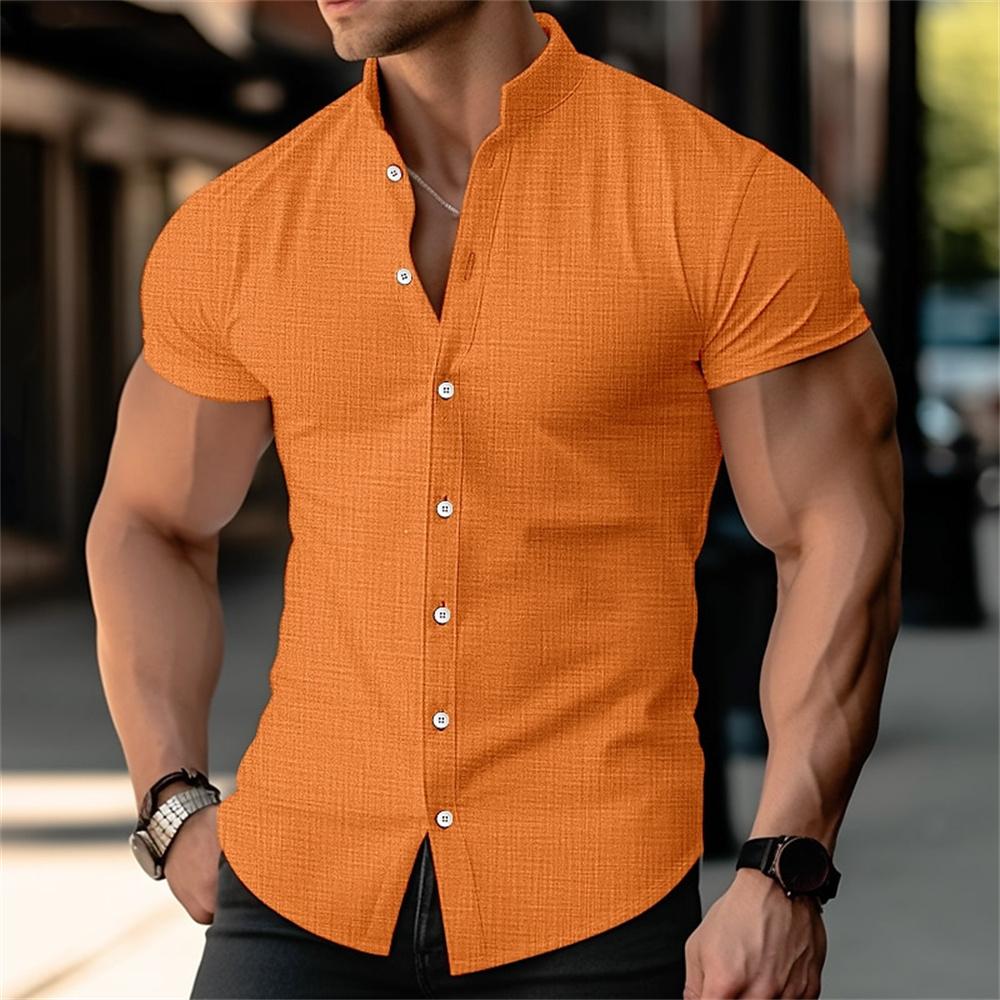 

Men s stand up collar printed shirt solid color short sleeved button linen shirt Hawaii vacation beach breathable shirt 5XL