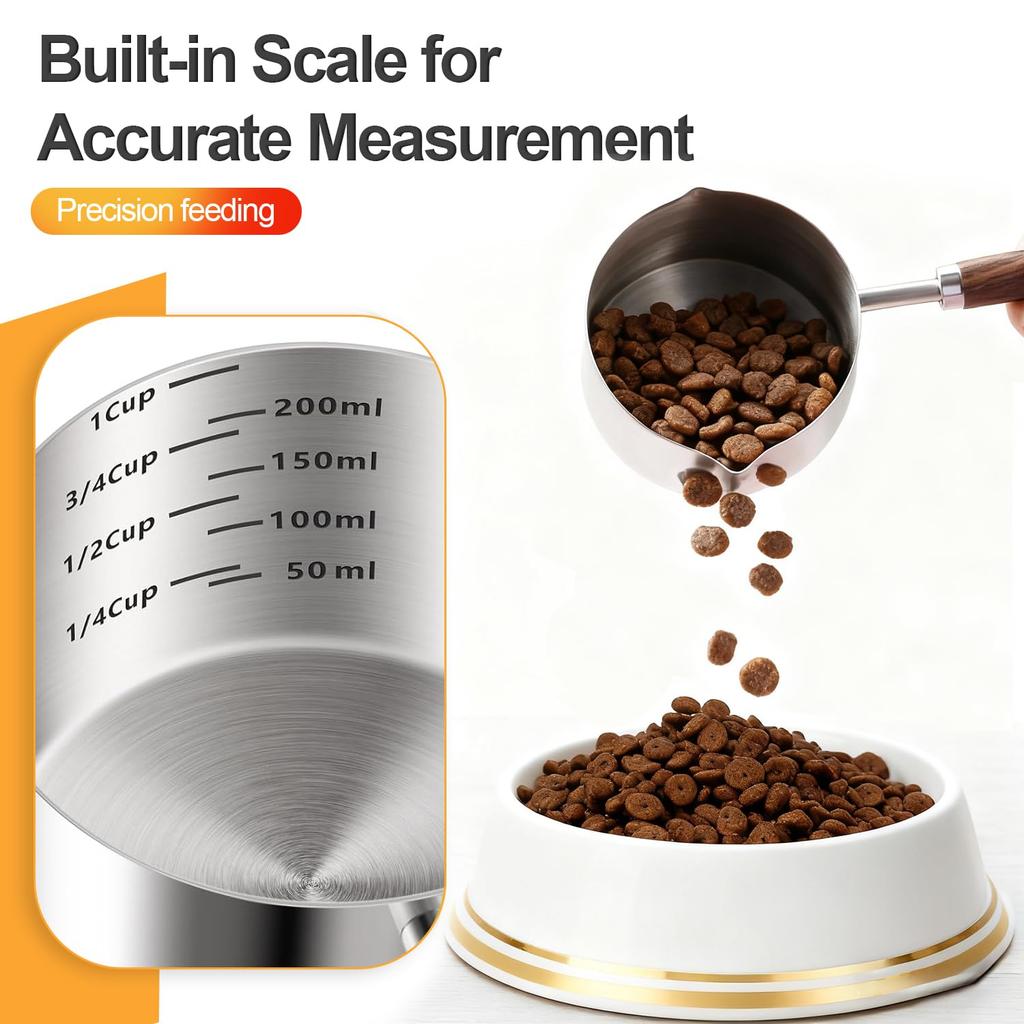 Pet Food Scoop: 1 Cup 304 Stainless Steel Cup with Long Walnut Handle - Precise Scale Dog Cat Food Measuring for Pet Feeding