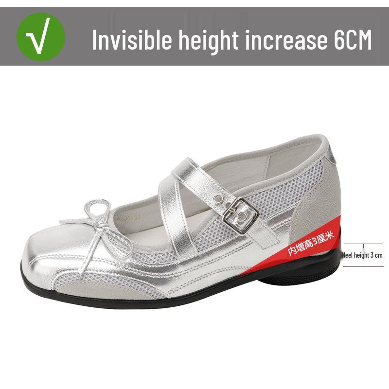 Silver Vintage Leather Hidden Heel Mary Jane Ballet Flats with Bow