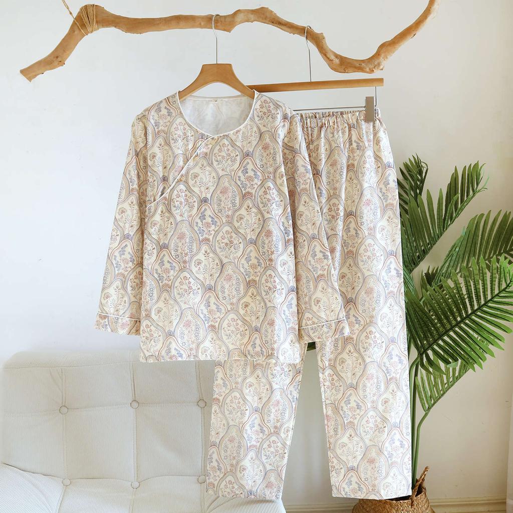2026 New Women's Spring and Autumn Pajama Set 100% Cotton Gauze Ancient Style Pattern Soft Round Neck Long Sleeve Home Clothes