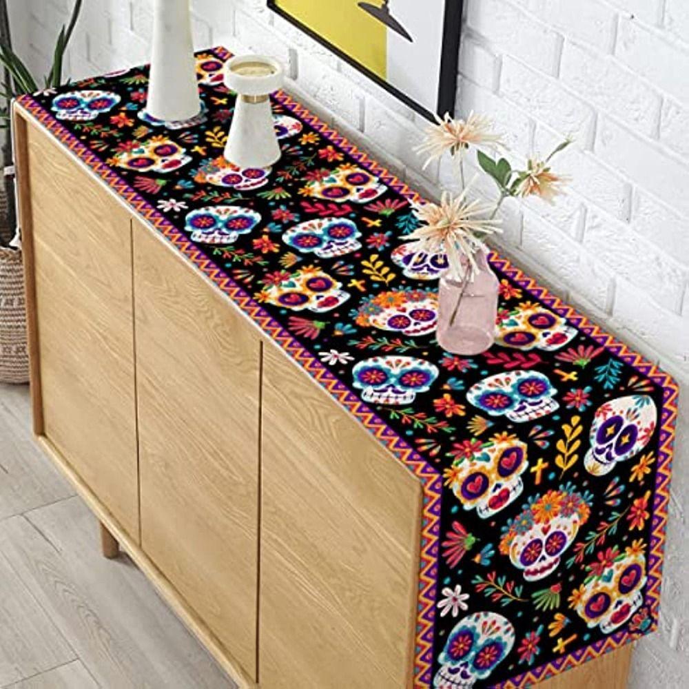 Linen Skull Table Runner Skeleton Tablecloth Banquet Tablecover Day of The Dead