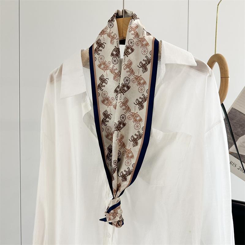 Silk Scarf Women's Blue Pony Carriage Temperament Mulberry Silk Silk Scarf Thin, Narrow and Long Double-sided Scarf Streamer