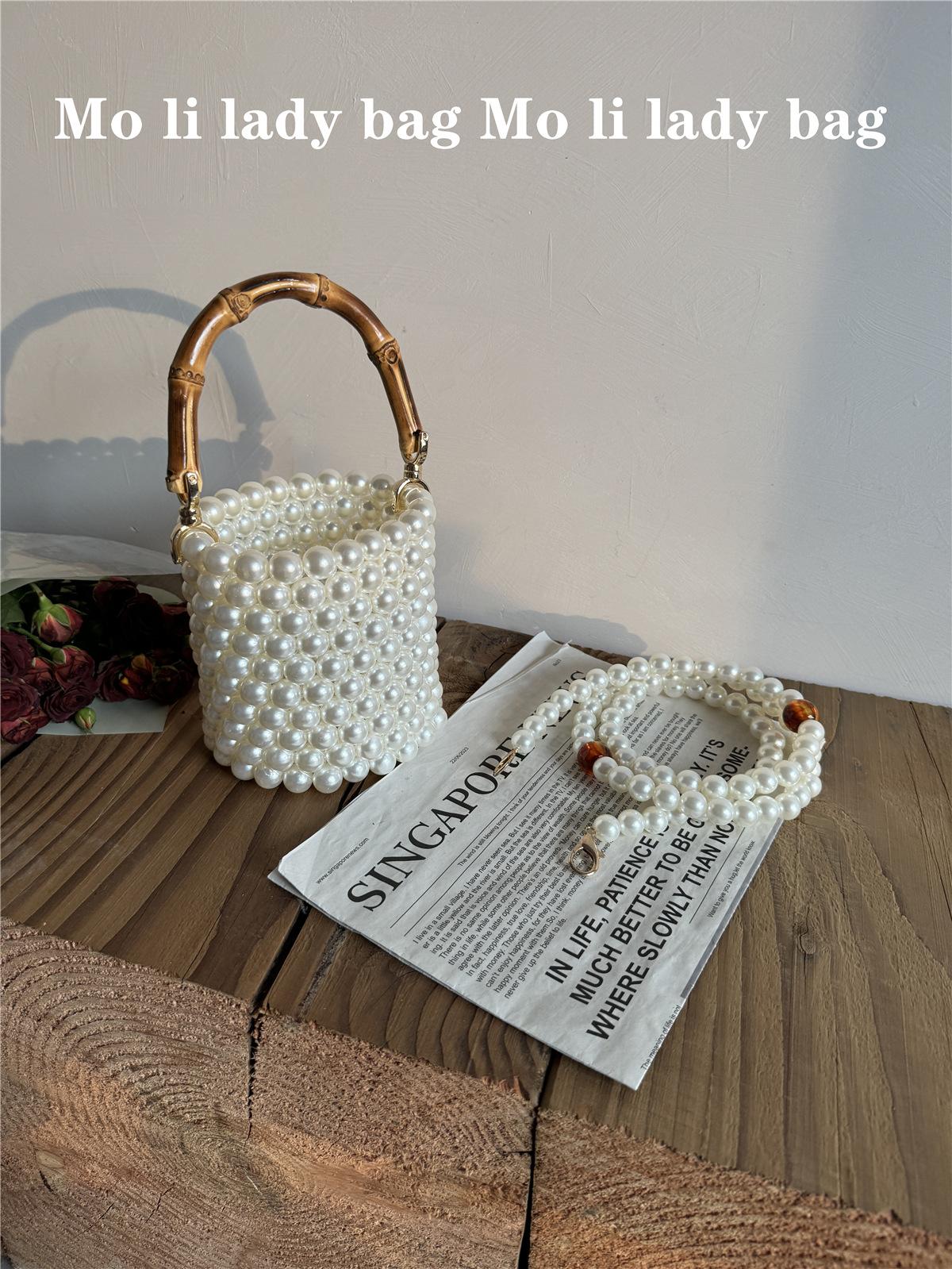 

New Chinese Style Bucket Bag, Bamboo Festival Handbag, High-end Metallic Feeling, Niche Pearl Bag, Bead Bag, Women s Bag