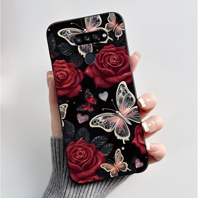 Weiche Hülle für LG K50S K40S Handyhülle LMX540HM LM-X540 LMX430HM LM-X430 Modischer Schmetterling Blume Schwarzer Silikon-Stoßfänger Abdeckung
